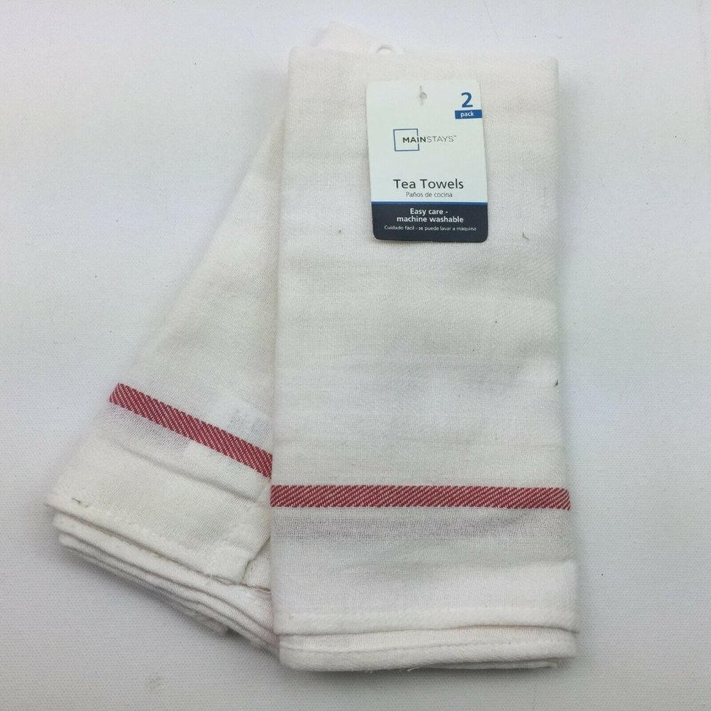 Mainstays Tea Towels Kitchen Hand 2 Pack White Red Stripe Casual Home Use